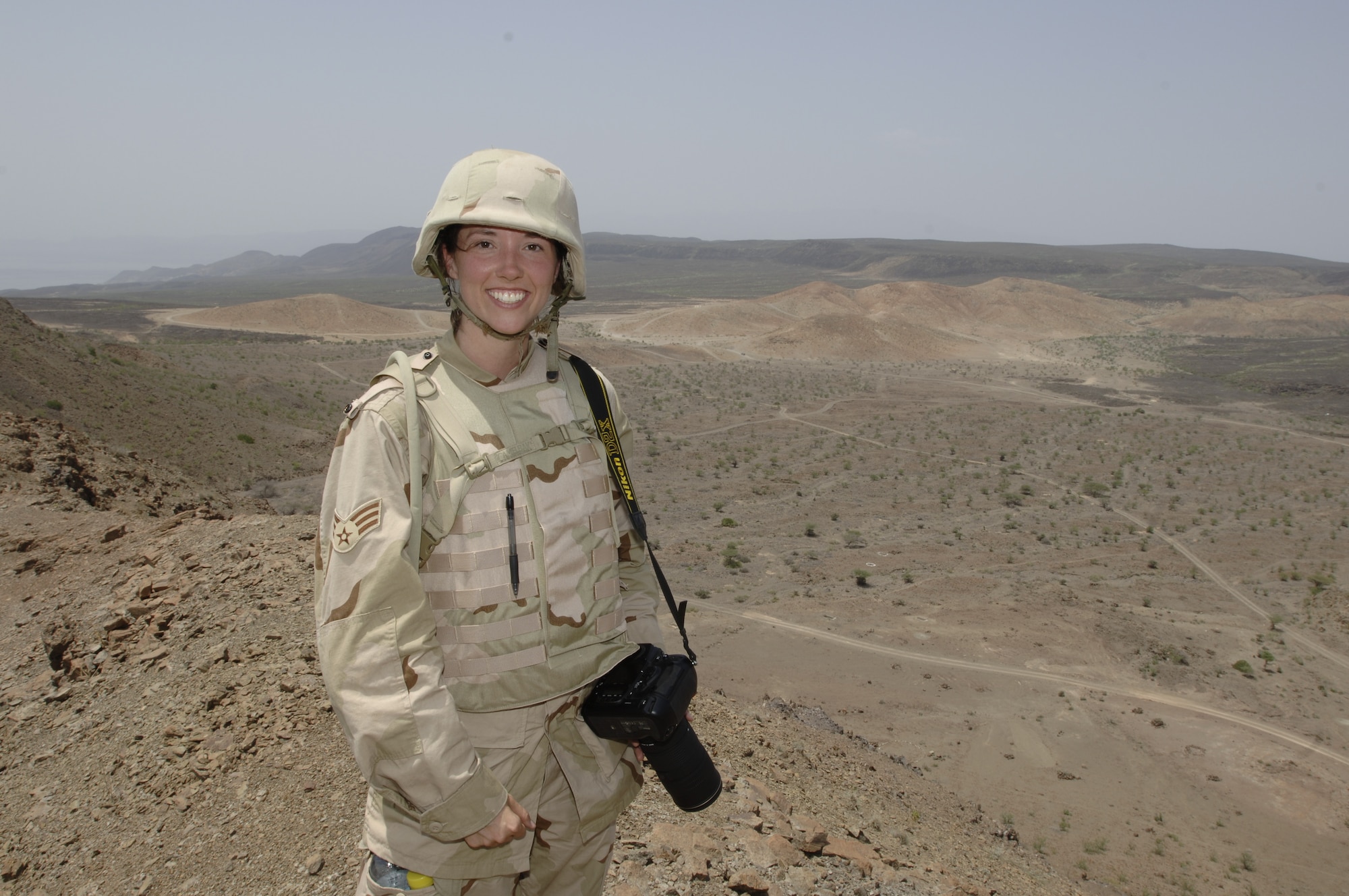 Senior Airman Jamie Baker served as a photographer assigned to the Combined Joint Task Force Horn of Africa at Camp Lemonnier, Djibouti in 2007. She supported operations Iraqi Freedom and Enduring Freedom during her six-year enlistment. (U.S. Air Force photo by Staff Sgt. Daniel Ashley)