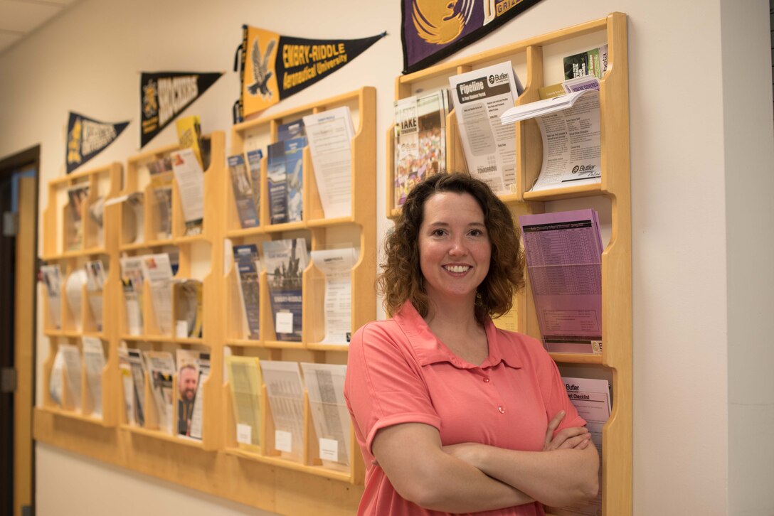 Jamie Baker, 22nd Air Refueling Wing deputy chief of education and training, poses for a photo June 9, 2020, at McConnell Air Force Base, Kansas. Baker has worked at McConnell’s education office for seven years and is currently working towards her doctorate in education. (U.S. Air Force photo by Senior Airman Alexi Bosarge)