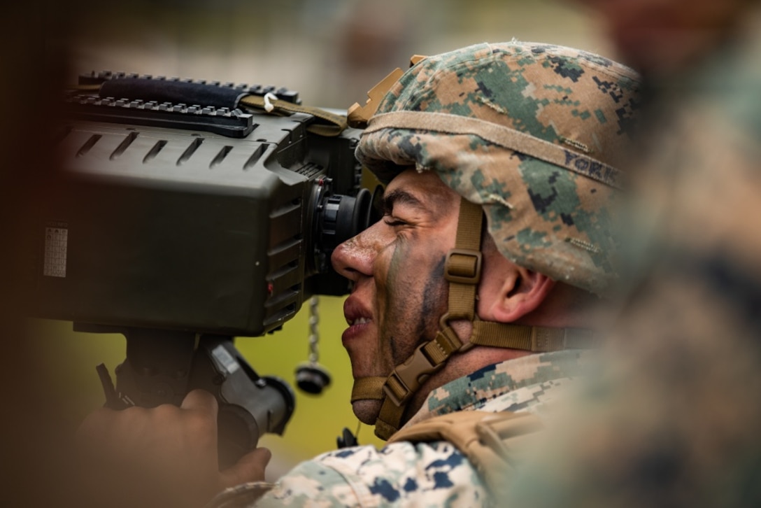U.S. Marine Corps Cpl. Nicholas York, a Hammond, Indiana native and forward observer with 1st Battalion, 10th Marine Regiment, 2d Marine Division, sights down range during a Battalion Fire Support Coordination Exercise (FSCEX) at Camp Lejeune, North Carolina, June 9, 2020. The Marines conducted a FSCEX to sharpen the skills needed to effectively conduct fire missions using mortars, artillery, and aircraft in preparation for future deployments. (U.S. Marine Corps photo by Lance Cpl. Patrick King)