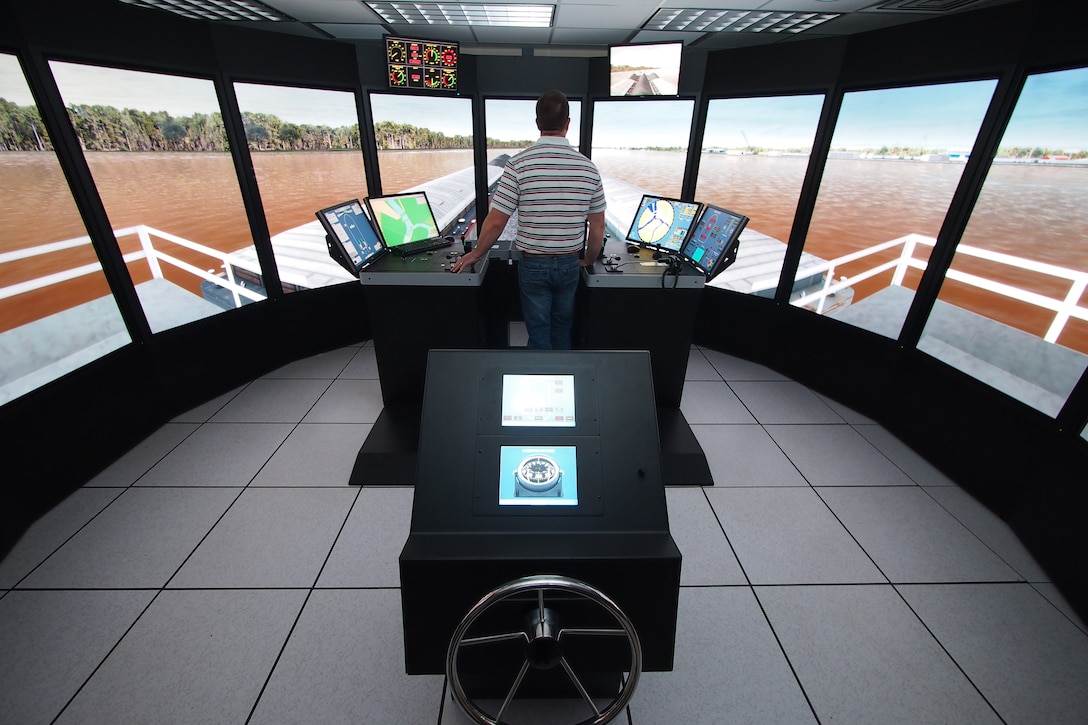 The Ship Tow Simulator at the U.S. Army Engineer Research and Development Center’s (ERDC) Coastal and Hydraulics Laboratory aides in testing and improving navigation channel design. The Navigation Research, Development and Technology (RD&T) program is part of the ERDC’s overall civil works mission.