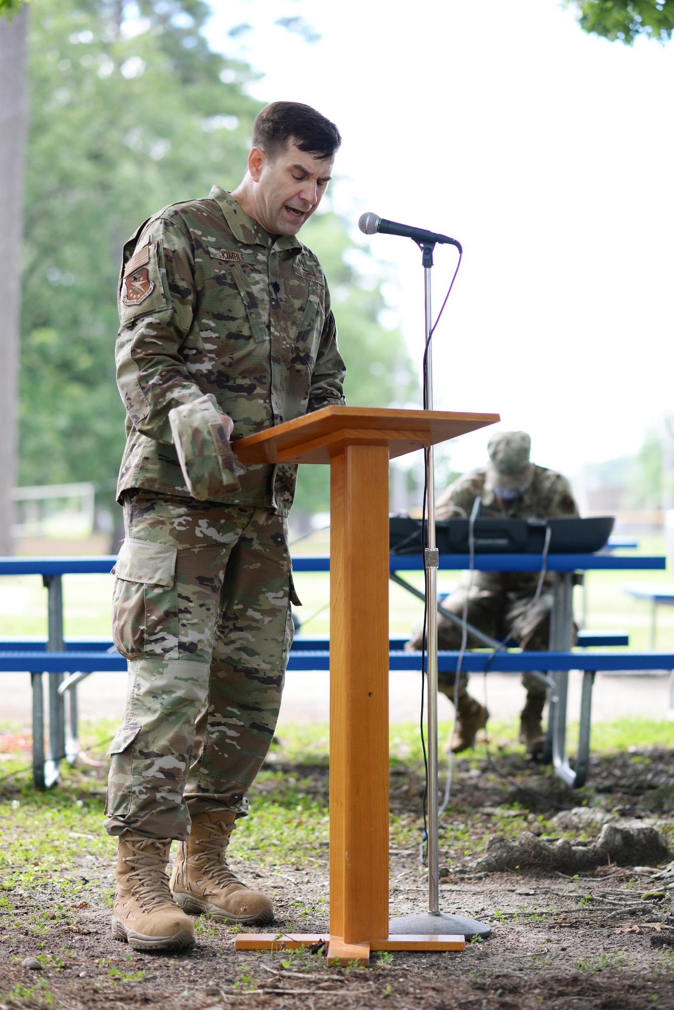 Chaplain (Lt. Col.) Bradley Kimble, 14th Flying Training Wing Chaplain, says a prayer for the nation June 10, 2020, at Freedom Park on Columbus Air Force Base, Miss. The diverse speakers all had a specific area to pray for but with one purpose - to give hope and awareness that everyone matters. (U.S. Air Force photo by Senior Airman Keith Holcomb)