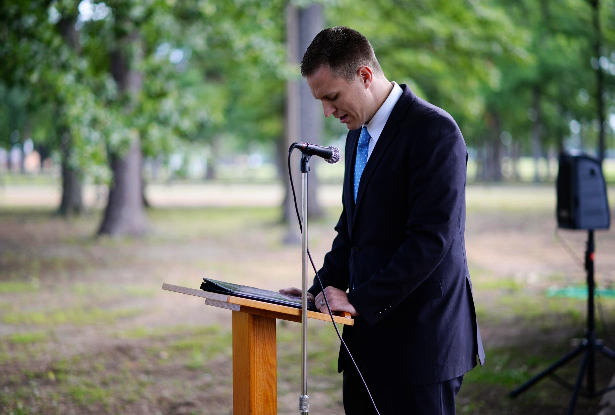 Brandon Campbell, Latter Day Saints Lay leader, says a prayer for Columbus Air Force Base June 10, 2020, at Freedom Park on Columbus AFB, Miss. For anyone not able to attend, the group held a Facebook live event which can be viewed on the Columbus AFB Facebook page. (U.S. Air Force photo by Senior Airman Keith Holcomb)