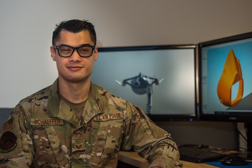 U.S. Air Force Staff Sgt. Andrew Schaeffer, 1st Maintenance Squadron F-22 Raptor egress craftsman, helped create 3D printed masks for 1st Fighter Wing personnel at Joint Base Langley-Eustis, Virginia, May 4, 2020.