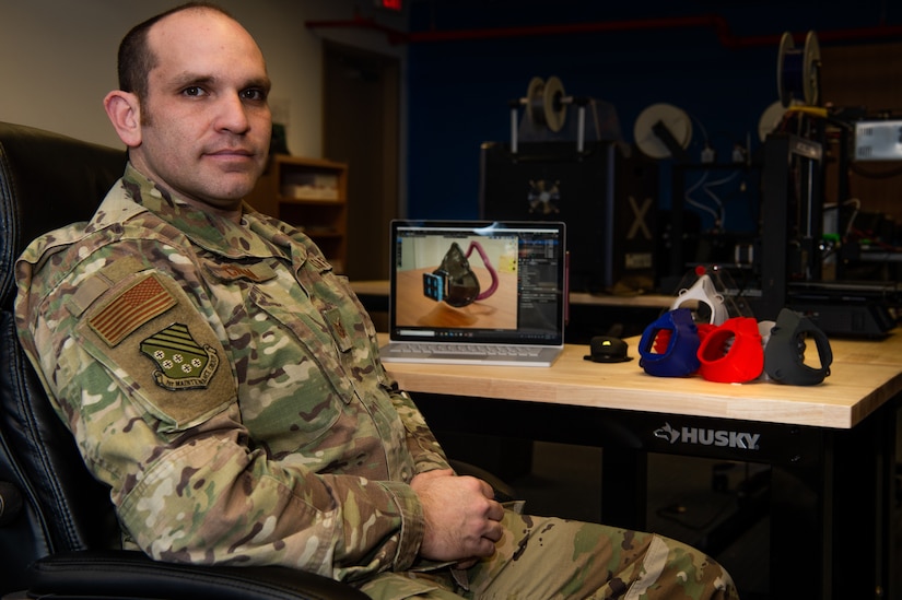 U.S. Air Force Tech. Sgt. Daniel Caban, 1st Maintenance Group Air Force Repair Enhancement Program technician, helped create 3D printed masks for 1st Fighter Wing personnel at Joint Base Langley-Eustis, Virginia, May 4, 2020.