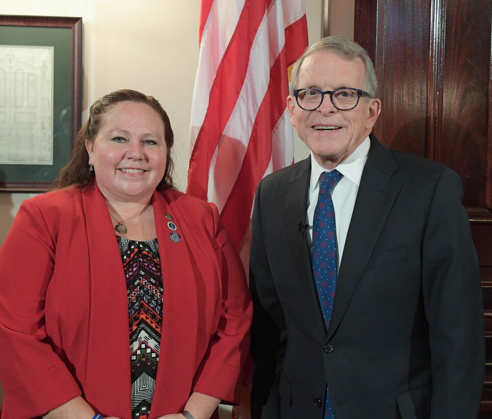 DFAS associate Angela Beltz with Ohio Governor Mike DeWine at the Ohio State House on December 13, 2019.