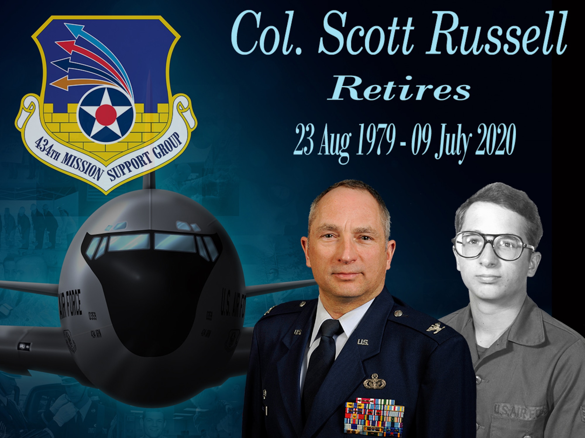 Col. Scott Russell, 434th Mission Support Group commander, was honored during a retirement ceremony at Grissom Air Reserve Base, Indiana, June 6th, 2020. Russell retires with more than 41 years of service. (U.S. Air Force graphic/Master Sgt. Ben Mota)