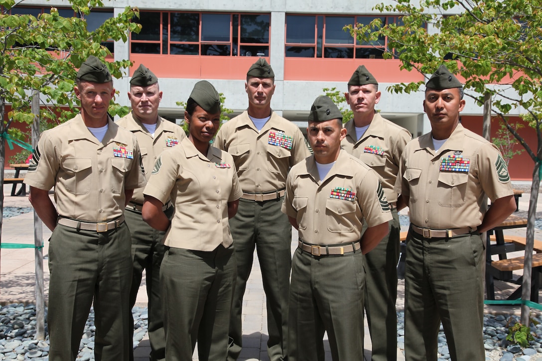 First seven Foreign Area SNCO Program participants who attended Naval Postgraduate School in 2012. The FAS Program participants were part of the Beta Test and completed the Regional Security Studies Graduate Certificate Program at the National Security Affairs Department in preparation for their follow-on assignments as Foreign Area SNCOs in their respective assigned regions. From Left: GySgt Robert Hilton, GySgt James Cornwell, SSgt Ericker Camarillo, MGySgt Donald Hart, MSgt Ronal Morales, GySgt Gregory Lentz, and GySgt Mark Ecalnir.