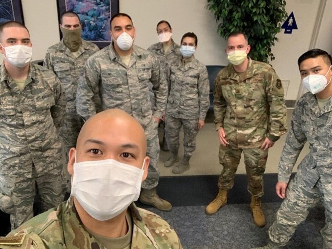Medical volunteers from the 349th Medical Group pose for a photo in New York City, New York. Air Force Reserve Command mobilized more than 1,000 Reserve Citizen Airmen in support of COVID-19 relief efforts, including approximately 120 medical personnel to New York City
