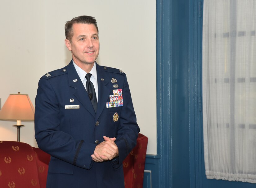 U.S. Air Force Col. Mike Zuhlsdorf, 11th Wing and Joint Base Anacostia-Bolling commander, thanks members in attendance while they applaud during the 11th Wing activation and assumption-of-command ceremony on Joint Base Anacostia-Bolling, Washington D.C., June 12, 2020. Zuhlsdorf will be dual-hatted as the 11th Wing commander under an Air Force chain of command and the JBAB installation commander under a Navy chain of command. The 11th Wing -- The Chief’s Own was activated on the base in preparation for assuming host-wing responsibilities. The base will officially transfer from Navy to Air Force responsibility in October 2020. (U.S. Air Force photo by 1st Lt. Kali L. Gradishar)