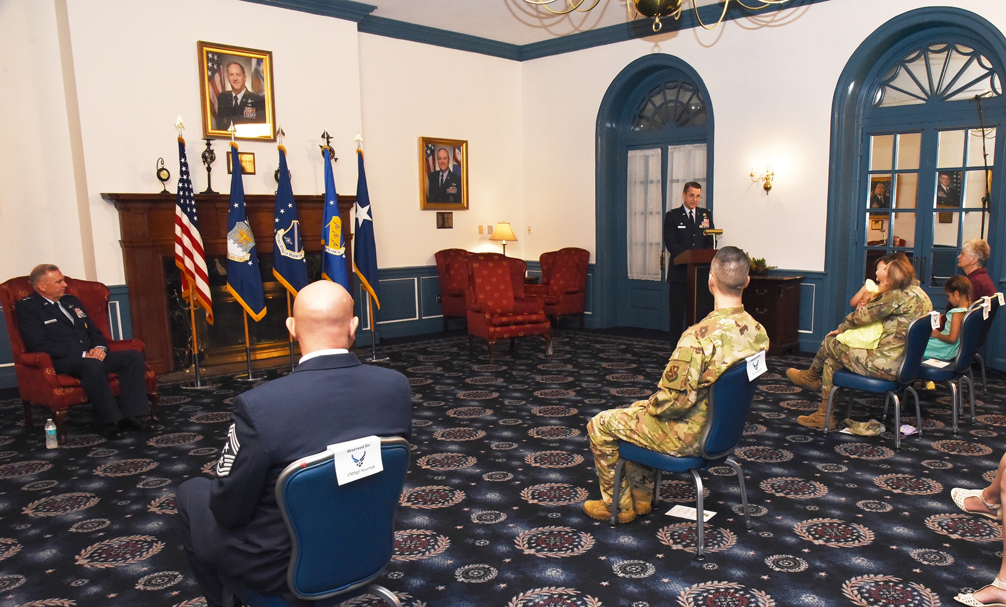 U.S. Air Force Col. Mike Zuhlsdorf, 11th Wing and Joint Base Anacostia-Bolling commander, provides comments during the 11th Wing activation and assumption-of-command ceremony on Joint Base Anacostia-Bolling, Washington D.C., June 12, 2020. Zuhlsdorf will be dual-hatted as the 11th Wing commander under an Air Force chain of command and the JBAB installation commander under a Navy chain of command. The 11th Wing -- The Chief’s Own was activated on the base in preparation for assuming host-wing responsibilities. The base will officially transfer from Navy to Air Force responsibility in October 2020. (U.S. Air Force photo by 1st Lt. Kali L. Gradishar)