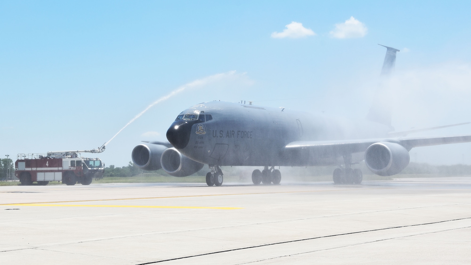 A KC-135 Stratotanker, tail number #58-0124 , lands after flying for the last time as part of routine training during the 931st Air Refueling Wing Unit Training Assembly June 6, 2020, at McConnell Air Force Base, Kan.