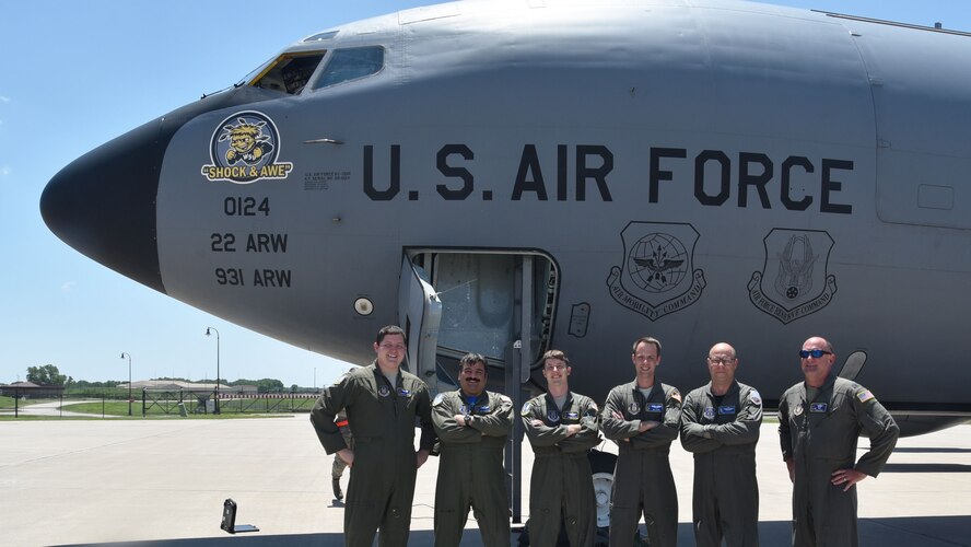 Capt. Derrick Lopez, Lt. Col. Jonathan Flores, Maj. Chris Foote, 2nd Lt. Ben Stone, 18th Air Refueling Squadron pilots, and Master Sgt. Clay Dotson, 905th Air Refeuling Squadron boom operator, flew that
last KC-135 Stratotanker flight to take place during a 931st Air Refueling Wing Unit Training Assembly June 6, 2020, at McConnell Air Force Base, Kan.