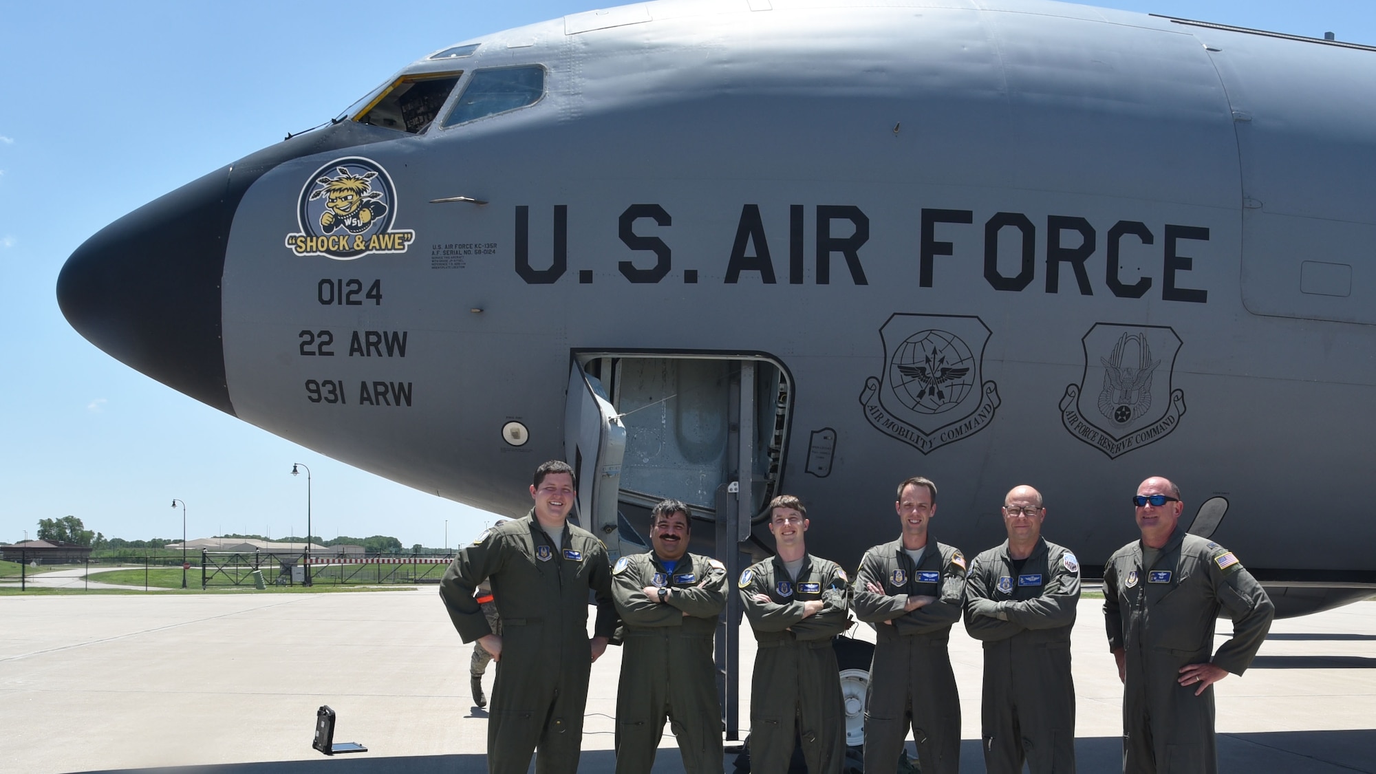 Capt. Derrick Lopez, Lt. Col. Jonathan Flores, Maj. Chris Foote, 2nd Lt. Ben Stone, 18th Air Refueling Squadron pilots, and Master Sgt. Clay Dotson, 905th Air Refeuling Squadron boom operator, flew that
last KC-135 Stratotanker flight to take place during a 931st Air Refueling Wing Unit Training Assembly June 6, 2020, at McConnell Air Force Base, Kan.