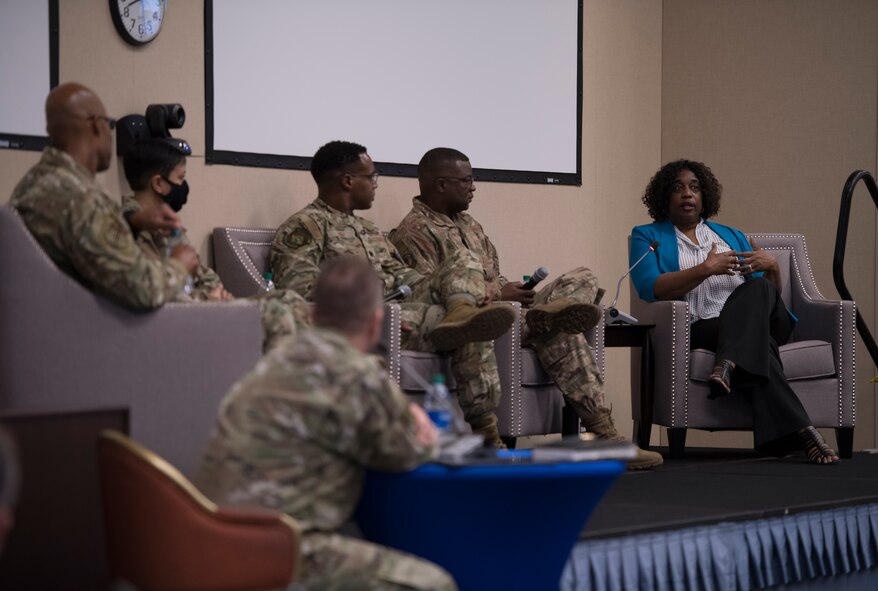 LaTanya Bryant, Air Force Special Operations Command deputy director of financial management, shares her experiences during a structural and institutional racism panel and leadership discussion at Hurlburt Field, Fla., June 5, 2020. The panel was composed of African American Airmen who shared their experiences with racism, on and off duty, to create an atmosphere that allowed leadership to have an open discussion about the topic. Lt. Gen. Jim Slife, AFSOC commander, concluded the discussion by encouraging honesty and transparency when leaders have the same conversations within their respective wings, groups and squadrons. (U.S. Air Force photo by Staff Sgt. Marleah Cabano)