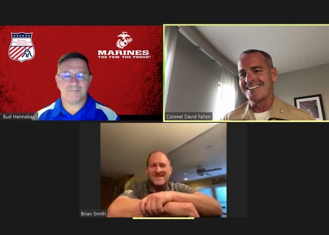 Bud Hennebaul, the scholastic leadership academy director for the National Wrestling Coaches Association, Col. David Fallon, the commanding officer of 9th Marine Corps District, and Brian Smith, the head wrestling coach for the University of Missouri, speak during a NWCA online webinar held June 10, 2020. The webinar, titled “Marines and Wrestling: Developing the Next Great American Generation,” was part of NWCA’s scholastic wrestling webinar series sponsored by the United States Marine Corps. The series is designed for ongoing coaching development and to inform coaches and influencers of opportunities to involve Marines in their programs. (Marine Corps photo by Cpl. Naomi May)