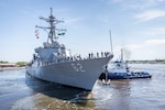 PASCAGOULA, Miss. (June 13, 2020) The guided-missile destroyer USS Fitzgerald (DDG 62)  prepares to depart Huntington Ingalls Industries, Ingalls Shipbuilding division’s Pascagoula shipyard June 13 to return to her homeport in San Diego. The sail away reflects more than two years’ worth of effort in restoring and modernizing one of the Navy’s most capable warships after it was damaged during a collision in 2017 that claimed the lives of seven Sailors.