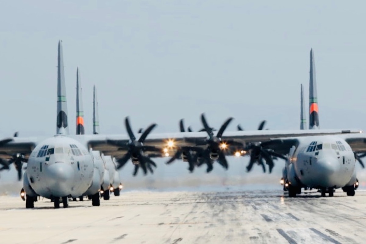 6 California Air National Guard C-130J Super Hercules aircraft prepare for takeoff at the Channel Islands Air National Guard Station, Port Hueneme, California. May 27, 2020. California State Guard photo by Staff Sgt. Todd Senff.