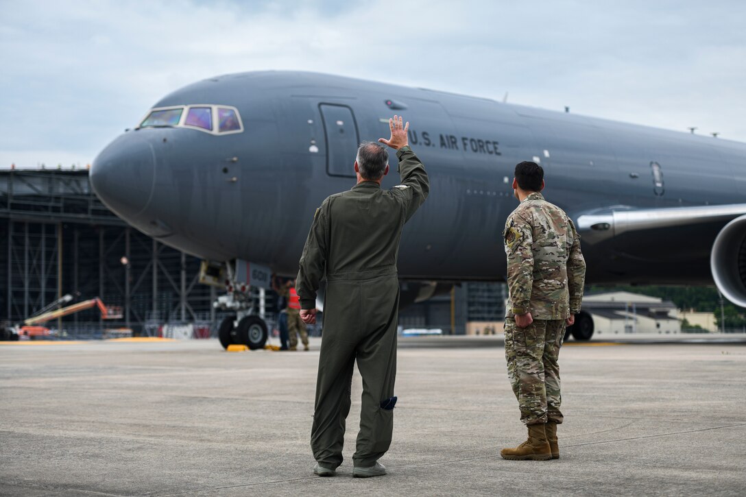 The first KC-46 Pegasus lands at Seymour Johnson Air Force Base, North Carolina, June 12, 2020. The KC-46 will fall under the 916th Air Refueling Wing, replacing the KC-135 Stratotanker. (U.S. Air Force photo by Senior Airman Jacob Derry)