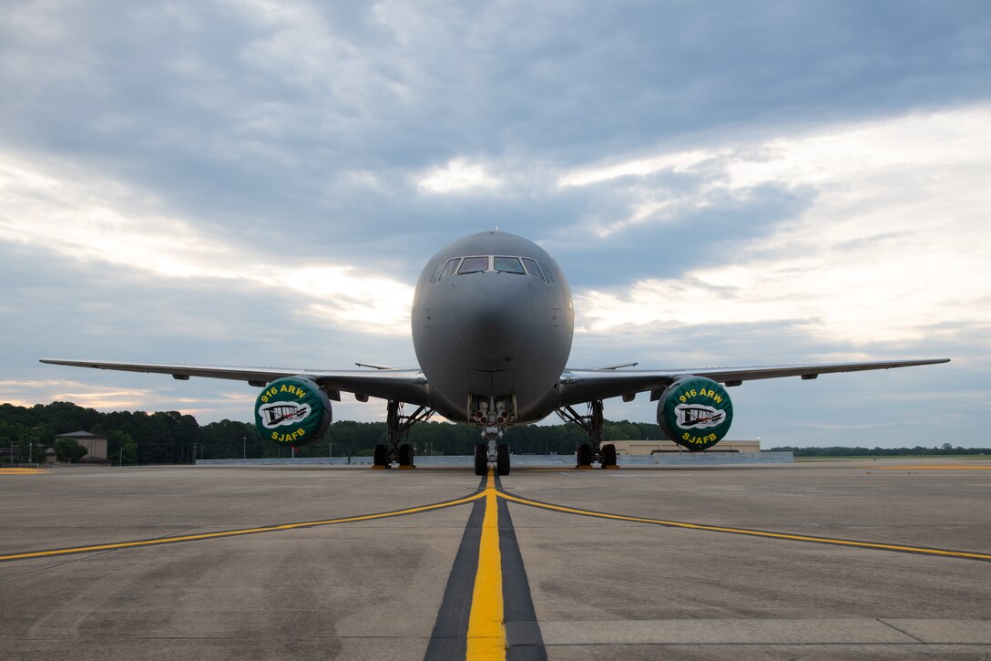 The first KC-46 Pegasus lands at Seymour Johnson Air Force Base, North Carolina, June 12, 2020. The KC-46 will fall under the 916th Air Refueling Wing, replacing the KC-135 Stratotanker. (U.S. Air Force photo by Maj Cruz A. Dolak)