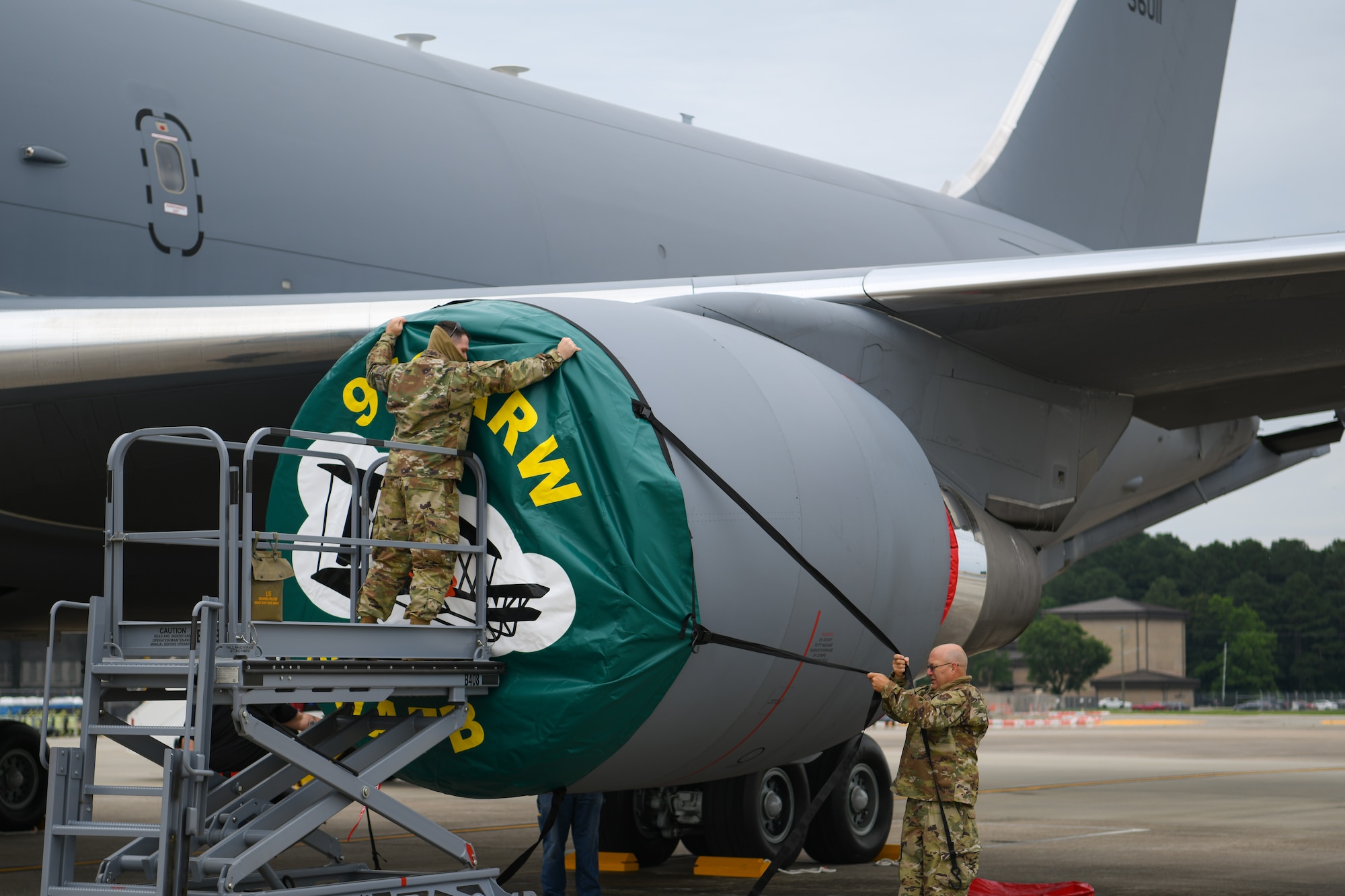 The first KC-46 Pegasus lands at Seymour Johnson Air Force Base, North Carolina, June 12, 2020. The KC-46 will fall under the 916th Air Refueling Wing, replacing the KC-135 Stratotanker. (U.S. Air Force photo by Maj Cruz A. Dolak)