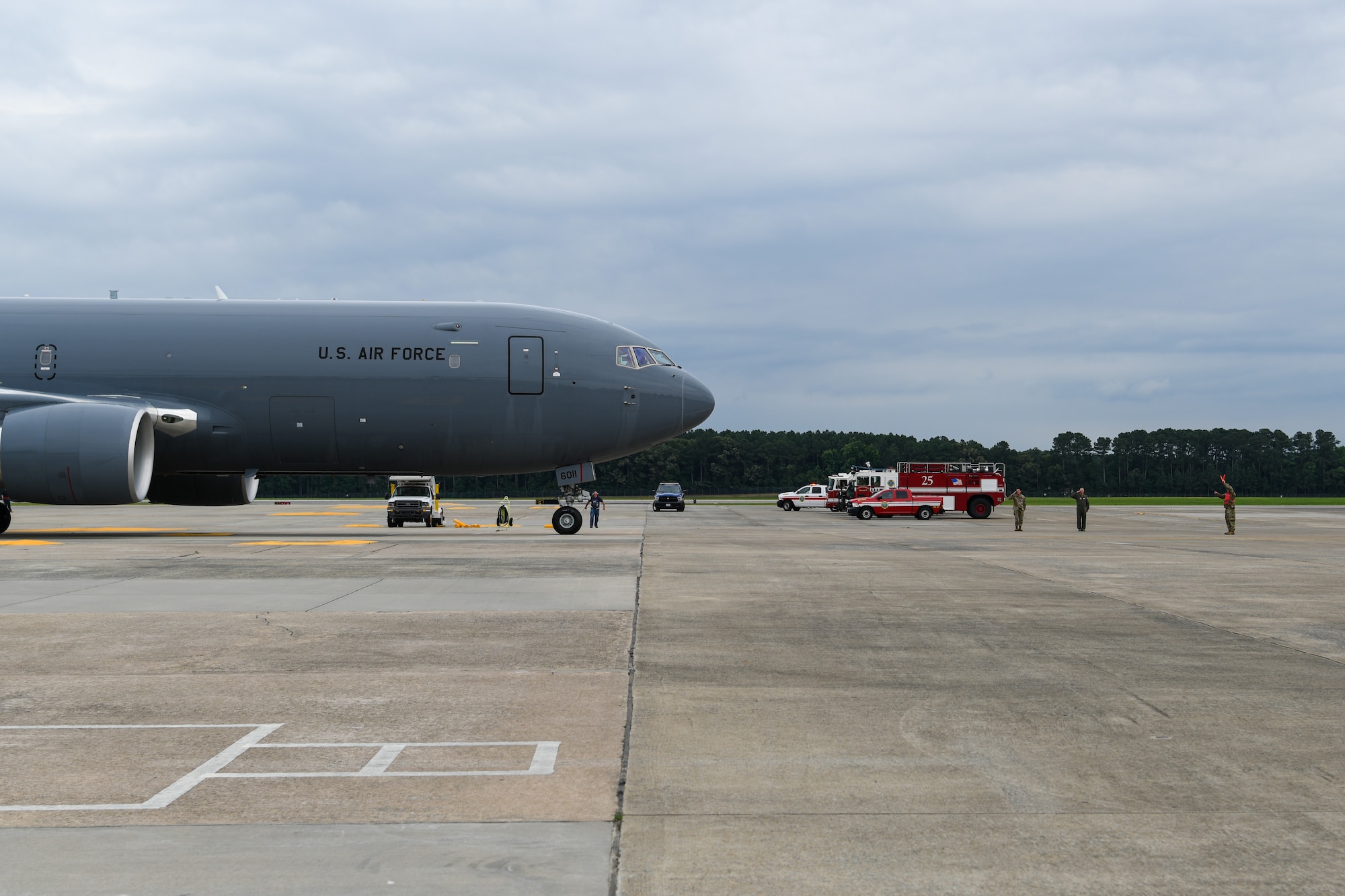 The first KC-46 Pegasus lands at Seymour Johnson Air Force Base, North Carolina, June 12, 2020. The KC-46 will fall under the 916th Air Refueling Wing, replacing the KC-135 Stratotanker. (U.S. Air Force photo by Maj Cruz A. Dolak)