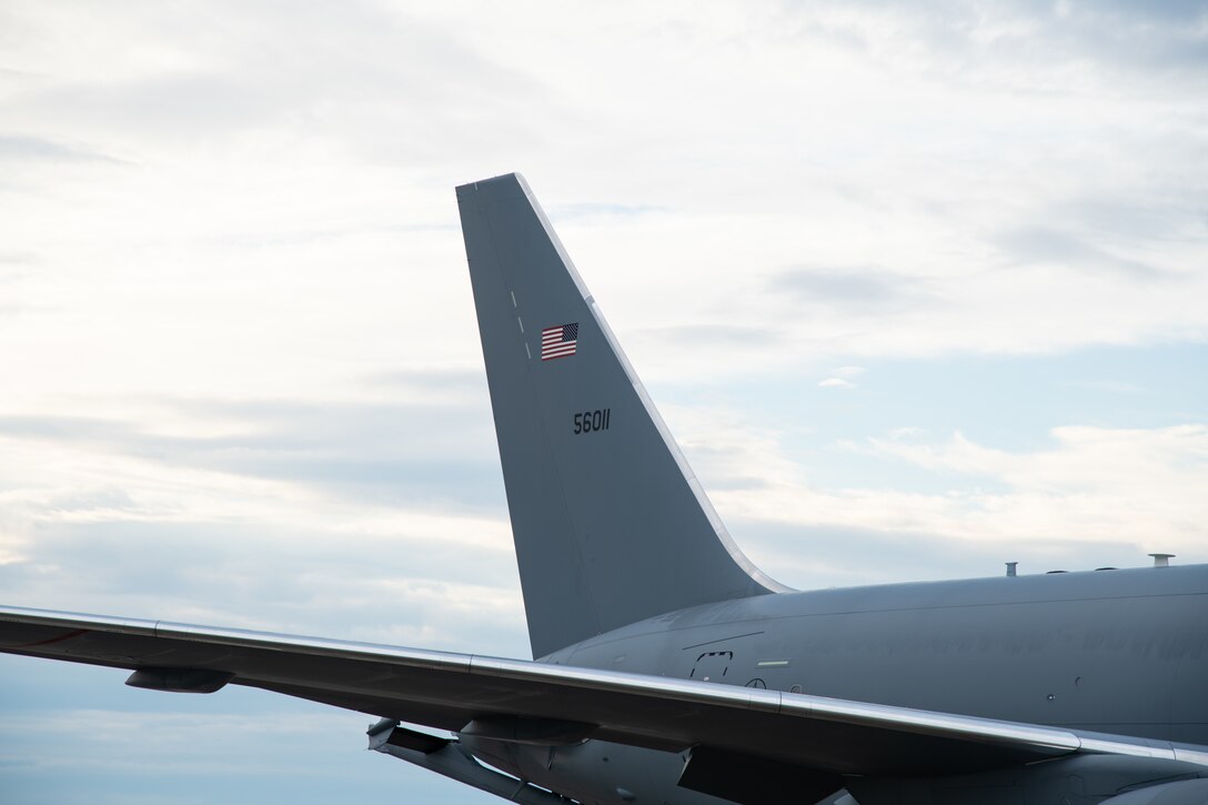 The first KC-46 Pegasus lands at Seymour Johnson Air Force Base, North Carolina, June 12, 2020. The KC-46 will fall under the 916th Air Refueling Wing, replacing the KC-135 Stratotanker. (U.S. Air Force photo by Maj Cruz A. Dolak)