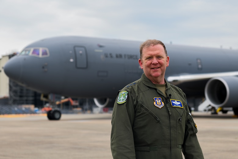 The first KC-46 Pegasus lands at Seymour Johnson Air Force Base, North Carolina, June 12, 2020. The KC-46 will fall under the 916th Air Refueling Wing, replacing the KC-135 Stratotanker. (U.S. Air Force photo by Senior Airman Jacob Derry)