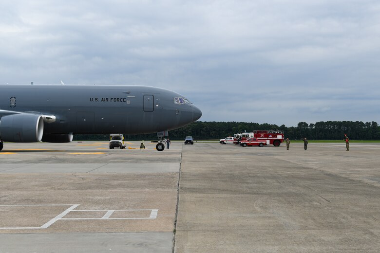 The first KC-46 Pegasus lands at Seymour Johnson Air Force Base, North Carolina, June 12, 2020. The KC-46 will fall under the 916th Air Refueling Wing, replacing the KC-135 Stratotanker. (U.S. Air Force photo by Maj Cruz A. Dolak)