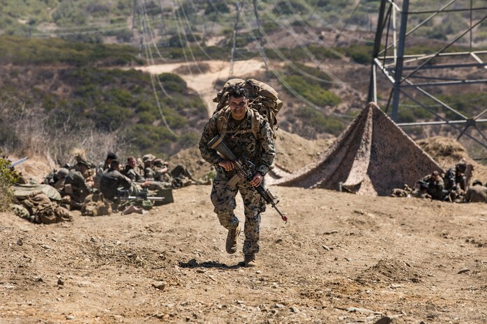 A U.S. Marine hikes during the Marine Corps Combat Readiness Evaluation on Marine Corps Base Camp Pendleton, Calif., Sept. 23.