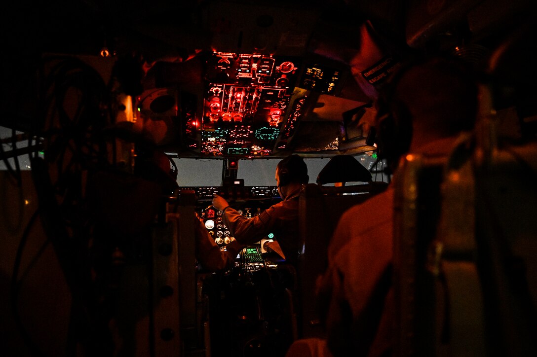 A U.S. Air Force KC-135 Stratotanker aircrew with the 28th Expeditionary Air Refueling Squadron assigned to Al Udeid Air Base, Qatar, prepare to land at Al Udeid AB, May 21, 2020.