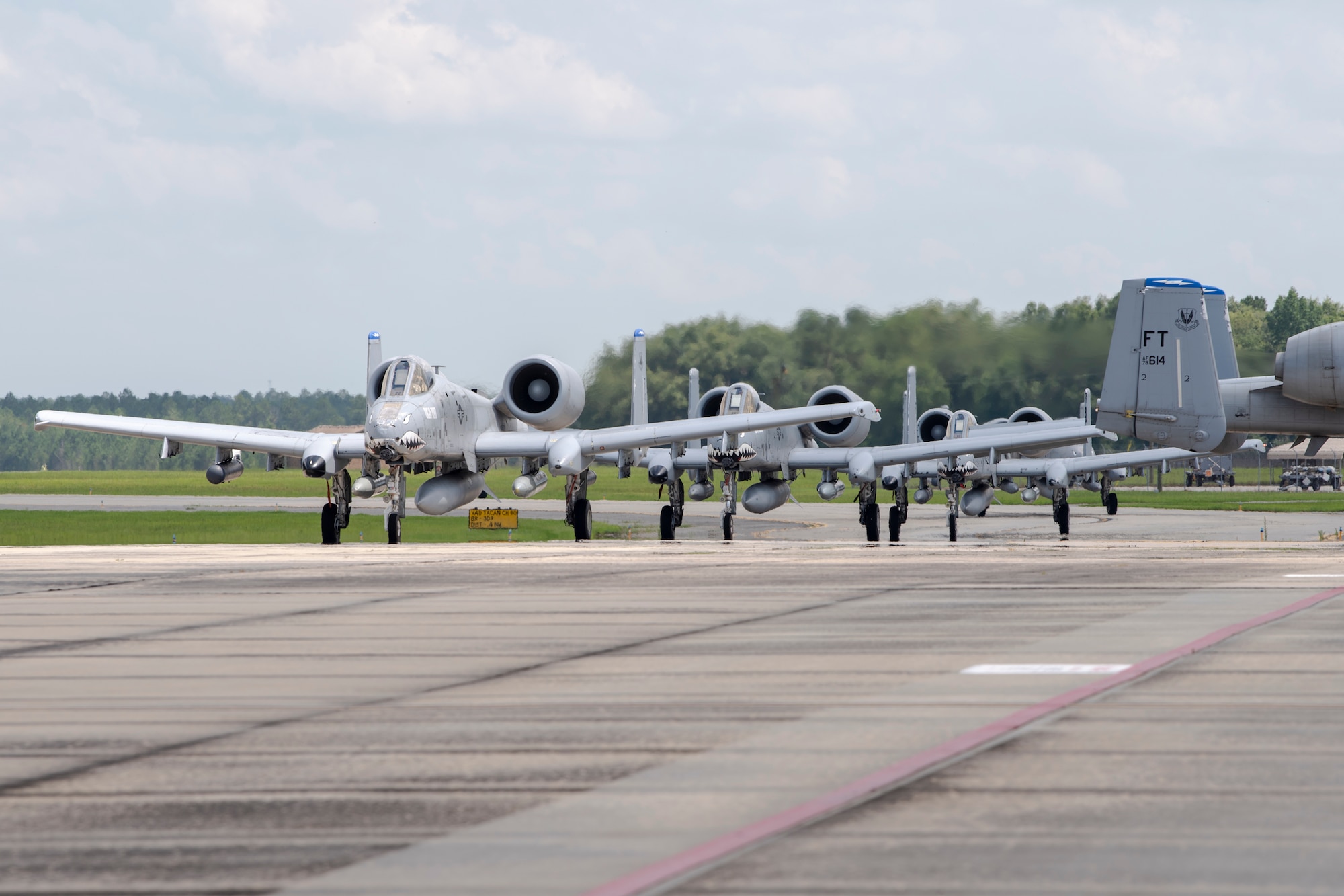 A-10C Thunderbolt IIs assigned to the 74th Expeditionary Fighter Squadron taxi on the flightline after returning to homestation from a 5-month deployment June 10, 2020, at Moody Air Force Base, Georgia. Approximately 300 members assigned to the 74th EFS returned from deployment June 10-12. The 74th EFS, which consisted of personnel from the 23d Fighter Group and 23d Maintenance Group, were deployed as a part of Operation Freedom Sentinel. (U.S. Air Force photo by 2nd Lt. Kaylin P. Hankerson)