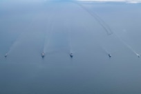From left, the British Royal Navy Duke-class frigate HMS Kent (F78), the Supply-class combat support ship USNS Supply (T-AOE 6), the Blue Ridge-class command and control ship USS Mount Whitney (LCC 20), the Royal Danish Navy Absalon-class support ship HDMS Esbern Snare (L17) and the Swedish Royal Navy Visby-class corvette HMS Karlstad (K35) sail in formation in the Baltic Sea while a U.S. Air Force B-52H Stratofortress long-range bomber flies overhead during exercise Baltic Operations (BALTOPS) 2020, June 15, 2020. BALTOPS is the premier annual maritime-focused exercise in the Baltic Region, marking the 49th year of one of the largest exercises in Northern Europe enhancing flexibility and interoperability among allied and partner nations.