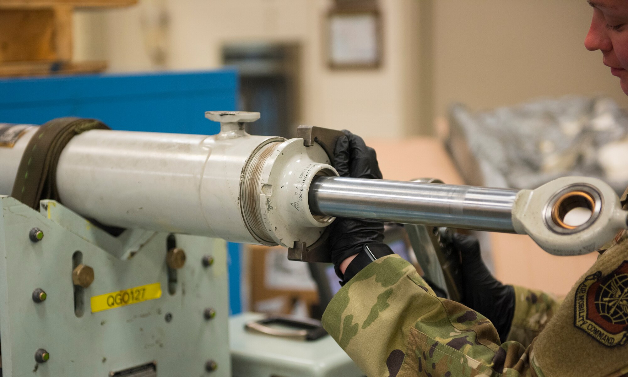 Senior Airman Samantha Emery, an aircraft hydraulics technician assigned to the accessories flight in the 437th Maintenance Squadron, works on an aircraft part on Joint Base Charleston, S.C., June 3, 2020.