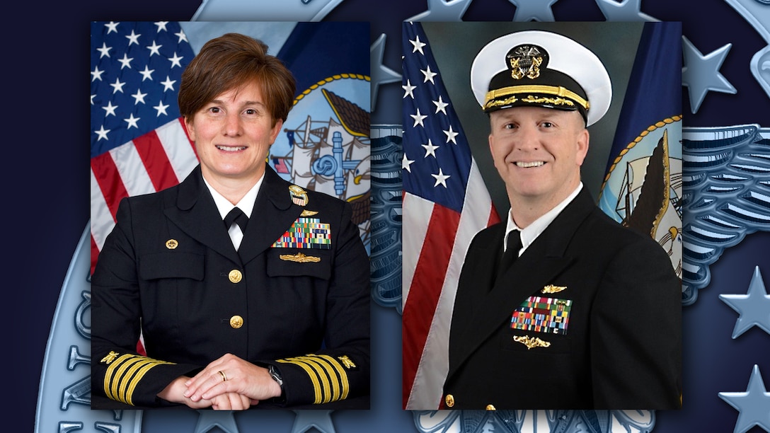 Female Navy captain and male Navy captain against a DLA graphic background.