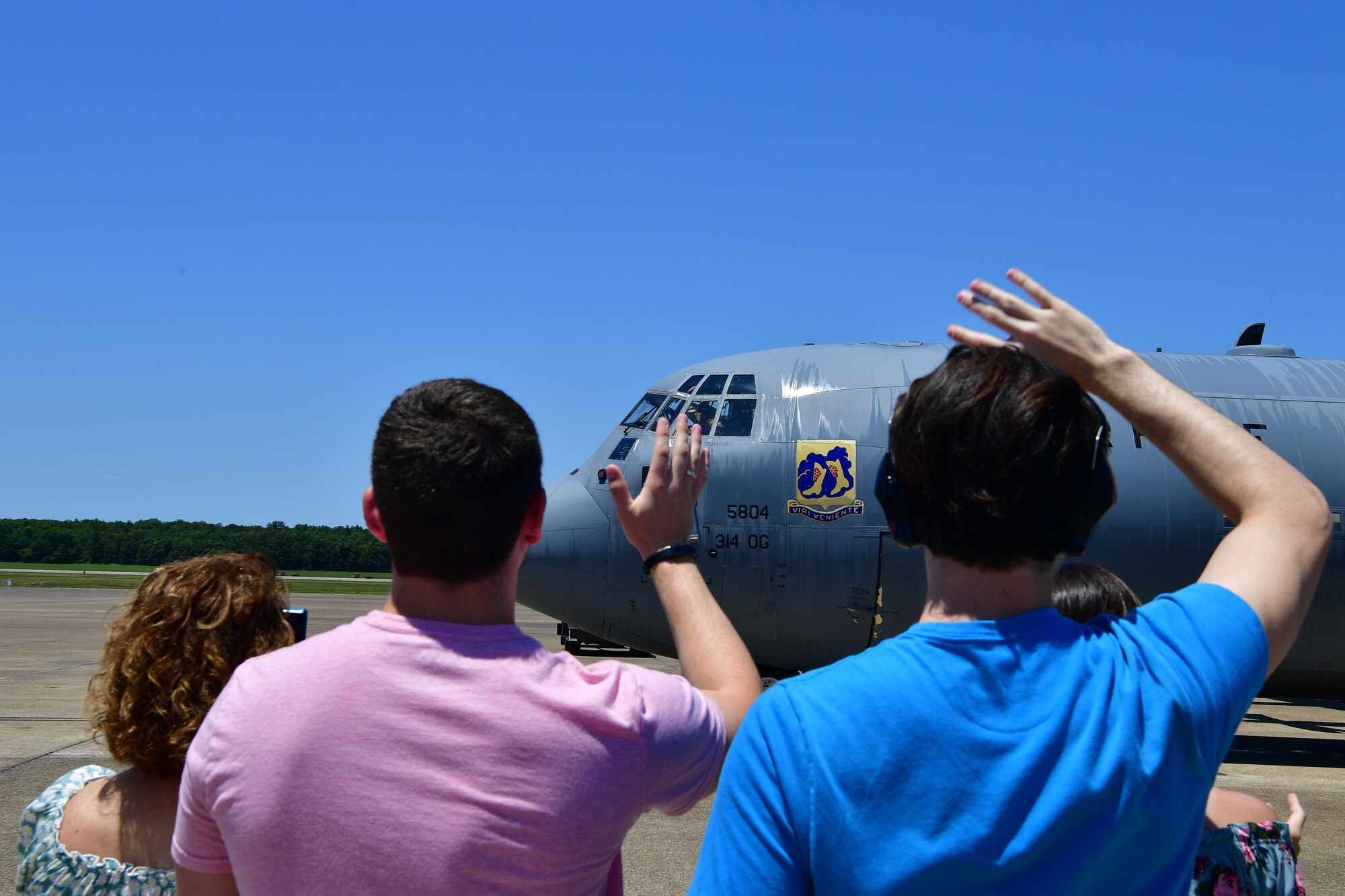 Col. Stephen Hodge, 314th Airlift Wing commander, taxis in from his final C-130J Super Hercules sortie as commander of the wing at Little Rock Air Force Base, Arkansas, June 12, 2020. The 314th AW is the nation's tactical airlift "Center of Excellence" and trains C-130 aircrew members from the Department of Defense, Coast Guard and 47 partner nations. (U.S. Air Force photo by Airman 1st Class Aaron Irvin)