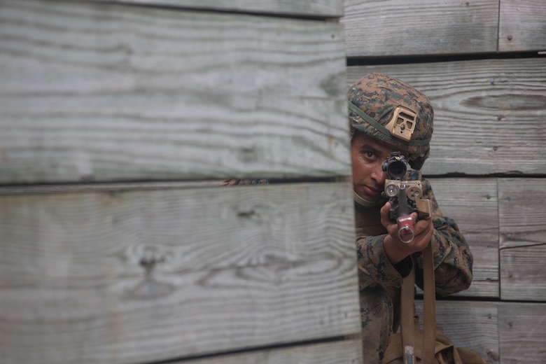 U.S. Marine Corps Lance Cpl. Alfrendy Grullon-Rodriguez, a rifleman with 2nd Light Armored Reconnaissance Battalion, 2nd Marine Division, sets security during the Isaak Competition at Camp Geiger, iNorth Carolina, June 9, 2020. 2nd LAR hosts the annual competition to honor Cpl. Garreth Isaak a LAR Marine who earned the Silver Star posthumously for actions during Operation Just Cause. (U.S. Marine Corps photo by Lance Cpl. Reine Whitaker)