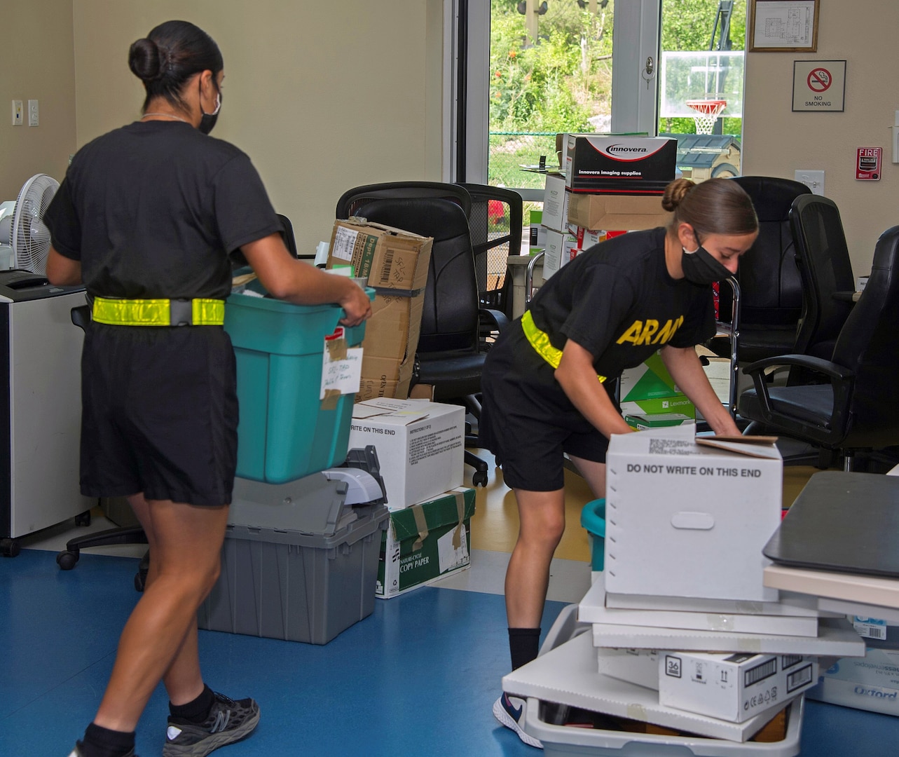 Soldiers assist personnel moving into the new, consolidated Transition Assistance Center at Joint Base San Antonio-Fort Sam Houston June 10, 2020. The plan for the center is to merge Army ideas with other services' transition goals to form a joint approach in assisting service members with transitioning from military service.