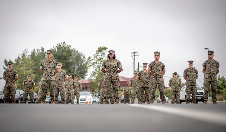 U.S. Marines with 1st Network Battalion, Marine Corps Cyberspace Operations Group, stand at parade rest during the battalion transfer of authority at Marine Corps Base Camp Pendleton, California, June 4, 2020. 1st Network Bn., the first of six new Marine Corps network units, was created to improve oversight, command, and control of the Marine Corps enterprise network while managing building and local area networks around base. (U.S. Marine Corps photo by Cpl. Dalton S. Swanbeck)