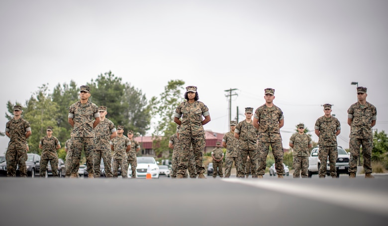 U.S. Marines with 1st Network Battalion, Marine Corps Cyberspace Operations Group, stand at parade rest during the battalion transfer of authority at Marine Corps Base Camp Pendleton, California, June 4, 2020. 1st Network Bn., the first of six new Marine Corps network units, was created to improve oversight, command, and control of the Marine Corps enterprise network while managing building and local area networks around base. (U.S. Marine Corps photo by Cpl. Dalton S. Swanbeck)