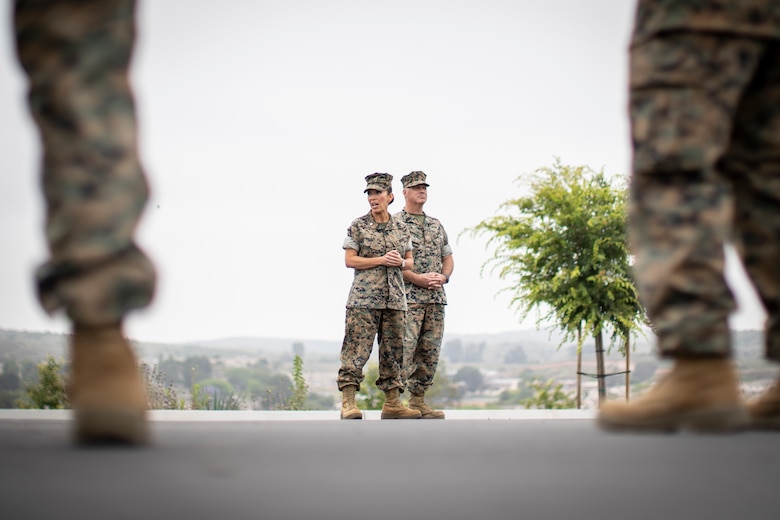 U.S. Marine Corps Lt. Col. Juliet Calvin, center, the commanding officer of 1st Network Battalion, Marine Corps Cyberspace Operations Group, speaks to Marines during the battalion transfer of authority at Marine Corps Base Camp Pendleton, California, June 4, 2020. 1st Network Bn., the first of six new Marine Corps network units, was created to improve oversight, command, and control of the Marine Corps enterprise network while managing building and local area networks around base. (U.S. Marine Corps photo by Cpl. Dalton S. Swanbeck)