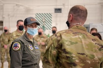 Secretary of the Air Force Barbara Barrett meets with maintenance Airmen during a visit to Whiteman Air Force Base, Missouri, June 11, 2020. During her visit, Barrett spoke with base leaders, first responders and maintenance personnel across the installation to learn what it takes to manage the overall health of the B-2 fleet, improve and sustain unit capabilities. (U.S. Air Force photo by Staff Sgt. Dylan Nuckolls)