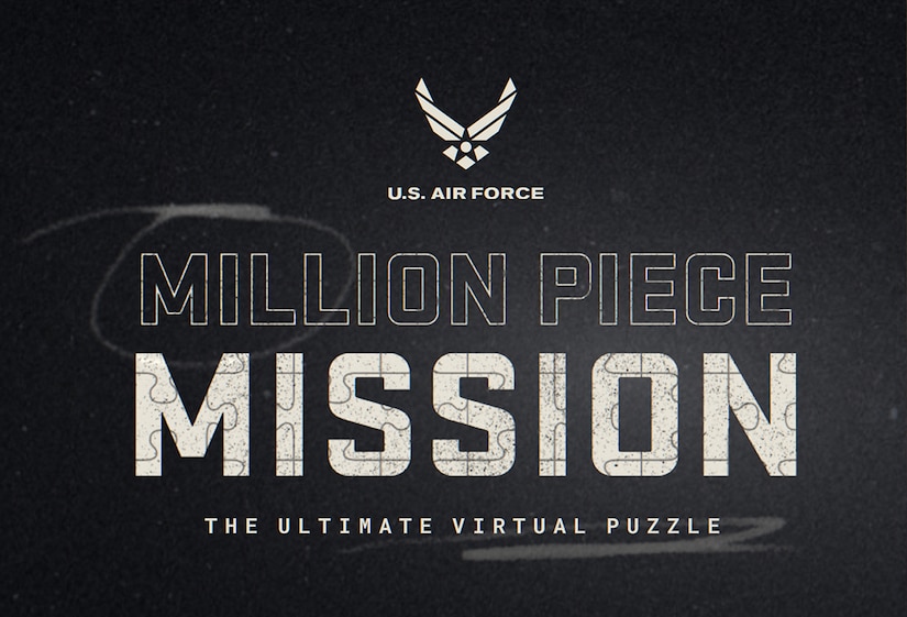 Black screen with white Air Force Logo, and text that reads million piece mission: the ultimate virtual puzzle.