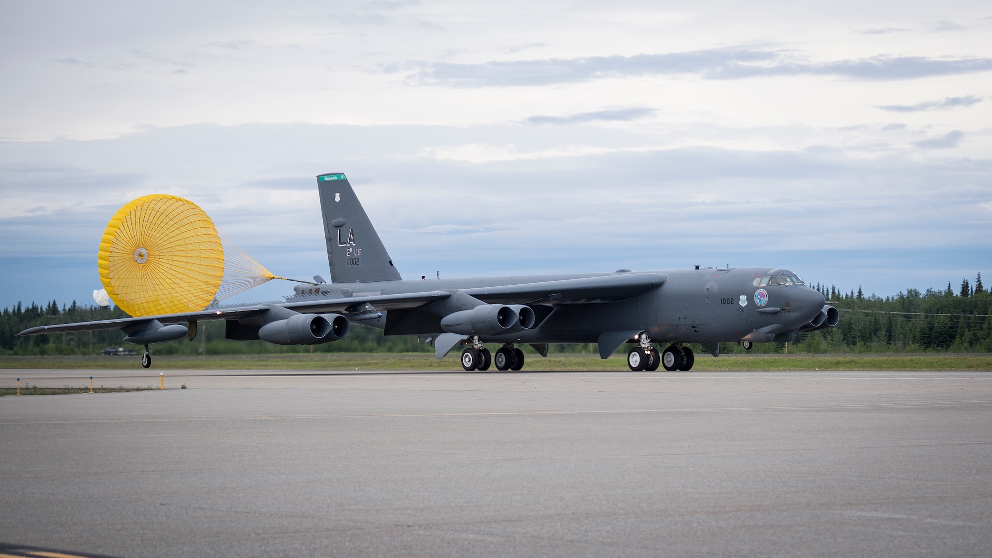 A B-52H Stratofortress deployed from Barksdale Air Force Base, La., arrives at Eielson Air Force Base, Alaska, to conduct Bomber Task Force operations, June 14, 2020. Strategic bomber missions demonstrate the credibility of our forces to address a diverse and uncertain security environment. (U.S. Air Force photo by Senior Airman Lillian Miller)