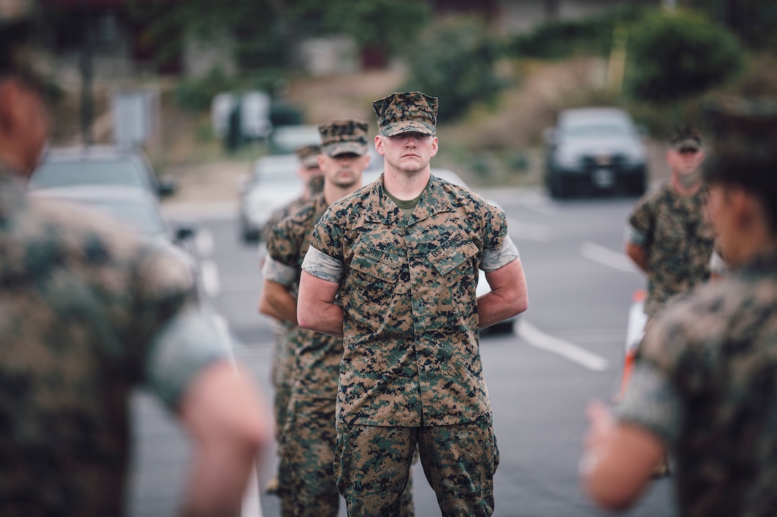 U.S. Marines assigned to 1st Network Battalion, Marine Corps Cyberspace Operations Group, stand in formation during the battalion transfer of authority at Marine Corps Base Camp Pendleton, California, June 4, 2020. 1st Network Bn., the first of six new Marine Corps network units, was created to improve oversight, command, and control of the Marine Corps enterprise network while managing building and local area networks around base. (U.S. Marine Corps photo by Staff Sgt. Donald Holbert)