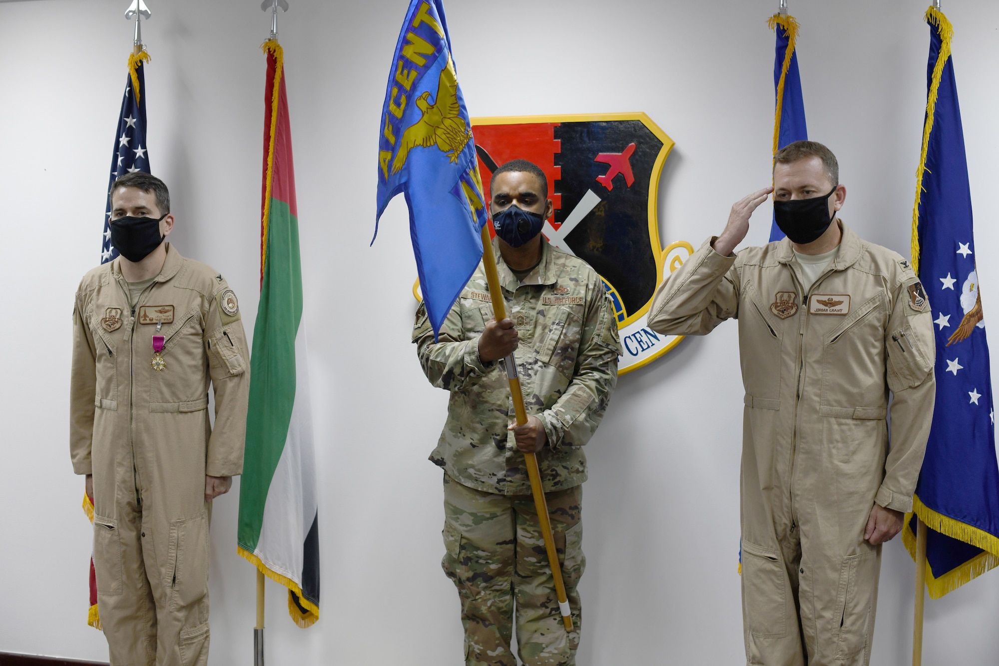 AL DHAFRA AIR BASE, United Arab Emirates --Col. Jordan Grant took command of the U.S. Air Force Central Command Air Warfare Center during a ceremony presided by Lt. Gen. Joseph T. Guastella, U.S. AFCENT commander here June 10, 2020. (U.S. Air Force photo by Master Sgt. Patrick OReilly)