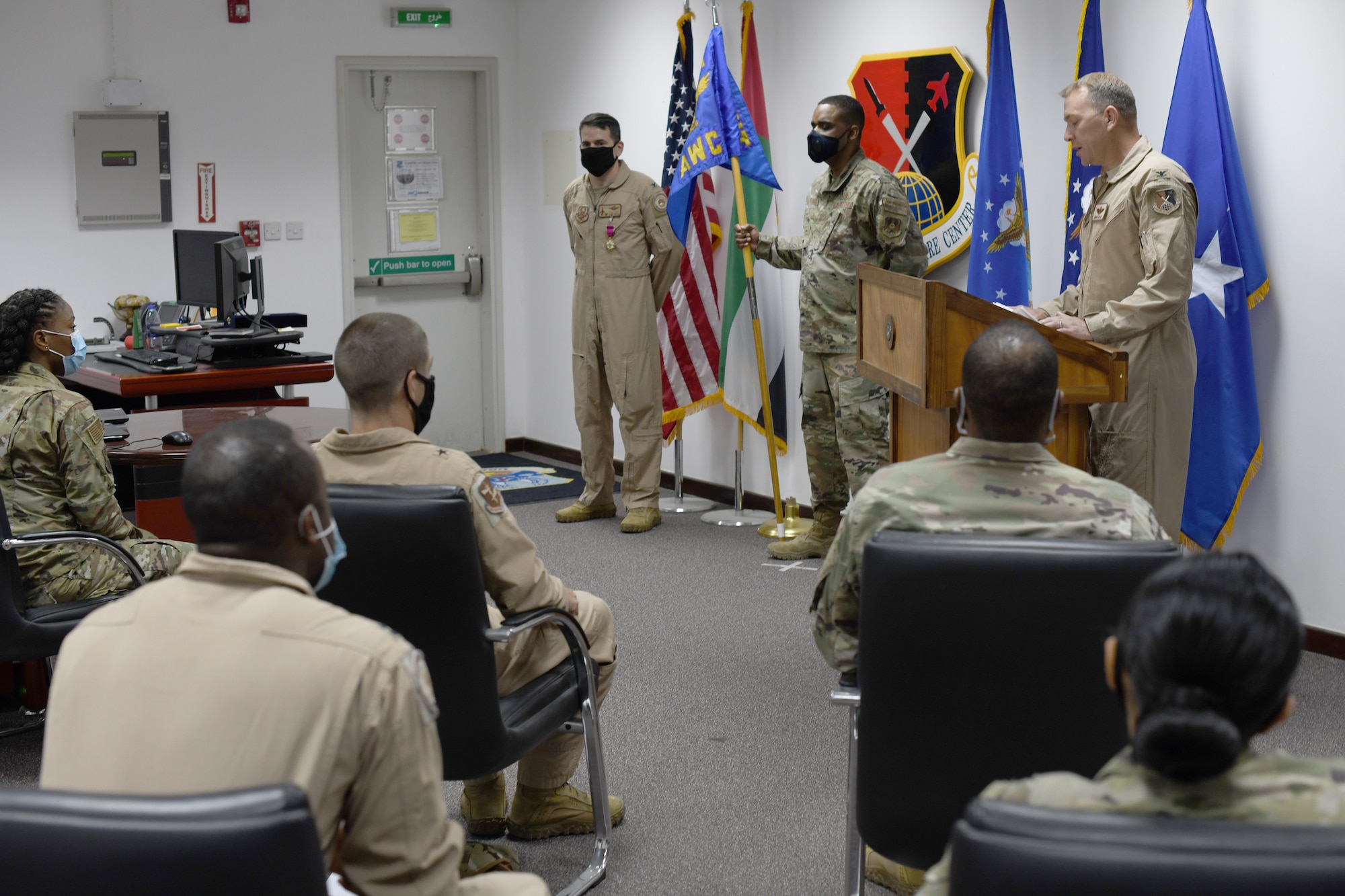 AL DHAFRA AIR BASE, United Arab Emirates --Col. Jordan Grant took command of the U.S. Air Force Central Command Air Warfare Center during a ceremony presided by Lt. Gen. Joseph T. Guastella, U.S. AFCENT commander here June 10, 2020. (U.S. Air Force photo by Master Sgt. Patrick OReilly)