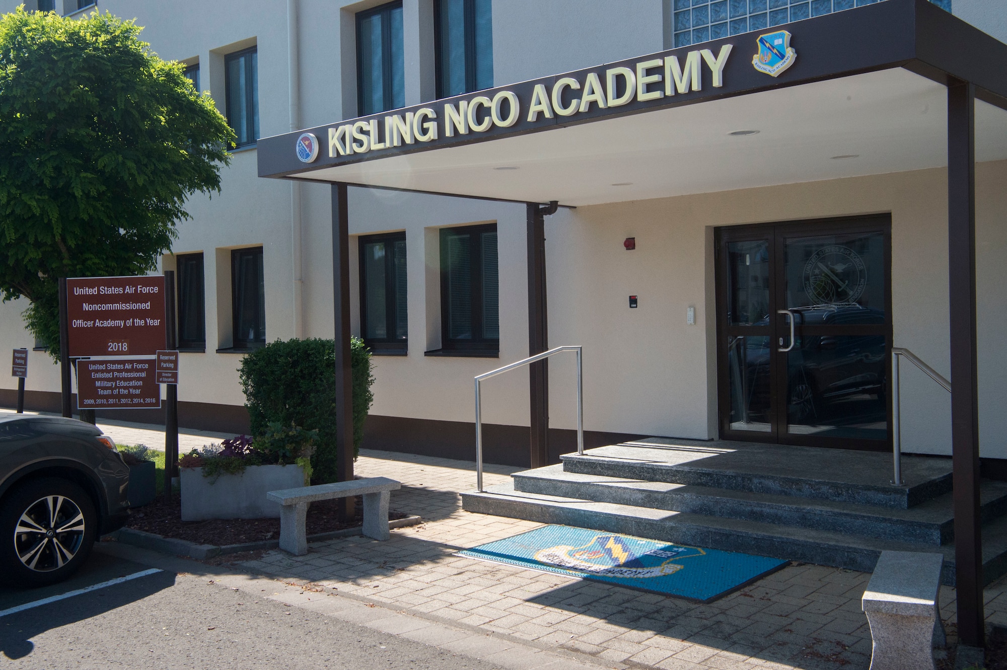 Pictured is the main entrance to the Kisling Noncommissioned Officer Academy, Kapaun Air Station, Germany, June 12, 2020. The academy cadre transitioned their in-residence course to a virtual platform due to COVID-19 restrictions, and will begin the first online course, June 15, 2020. (U.S. Air Force photo by Tech. Sgt. Stephen Ocenosak)