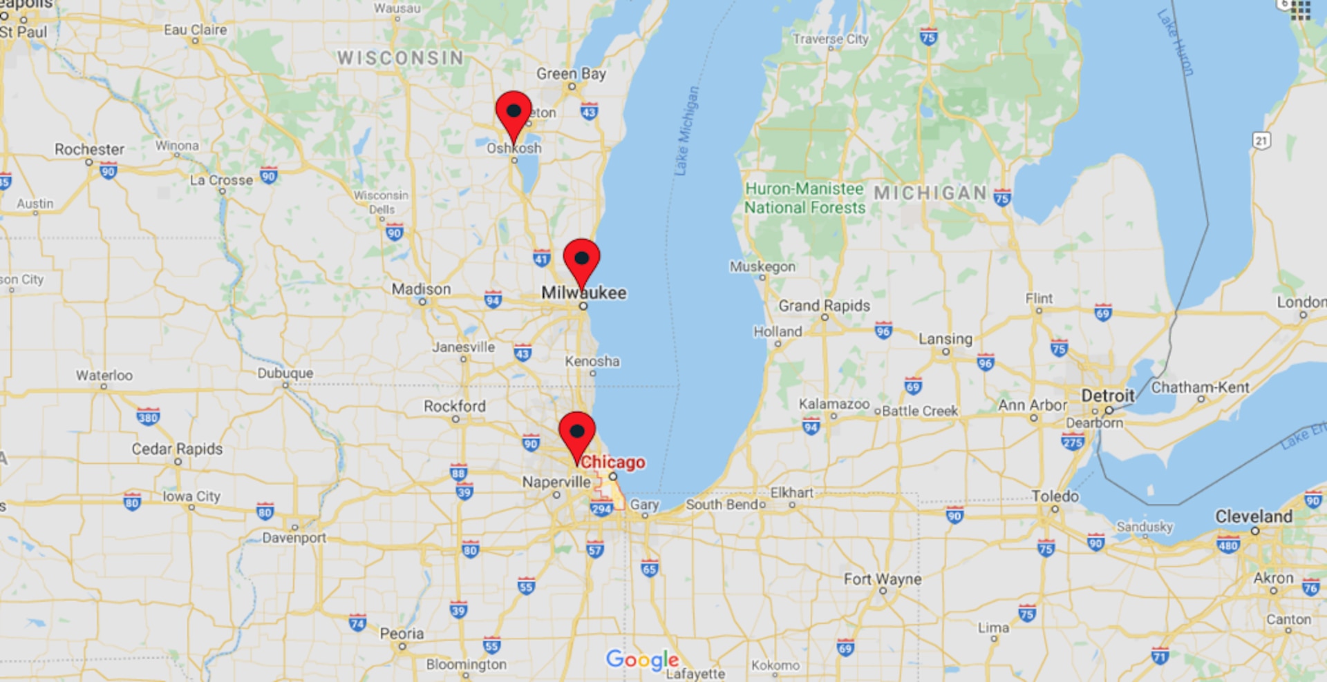 map showing office locations in chicago, milwaukee, and oshkosh