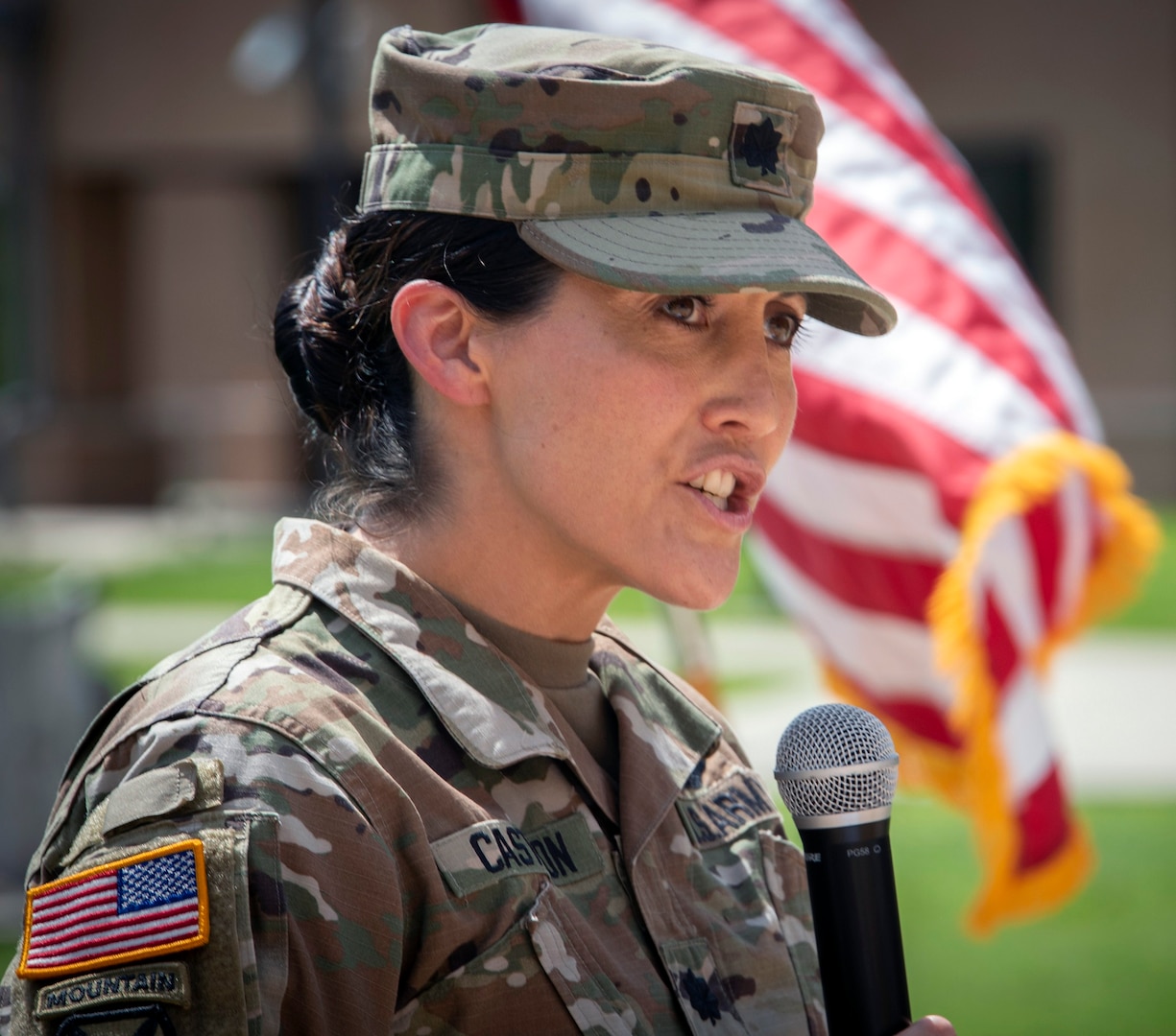 Army Lt. Col. Andrea Castillon, Warrior Transition Battalion commander, delivers remarks during a tree dedication ceremony at Joint Base San Antonio-Fort Sam Houston June 3. The WTB will be renamed as the Soldier Recovery Unit on June 23, 2020.