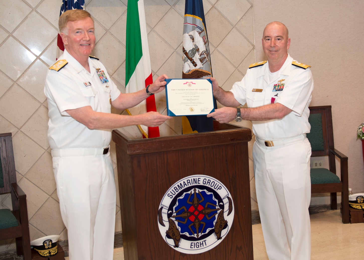 200616-N-DF478-0053 NAPLES, Italy (June 16, 2020) – Adm. James G. Foggo III, commander, U.S. Naval Forces Europe-Africa, presents Rear Adm. William J. Houston with the Legion of Merit for his meritorious conduct in the performance of outstanding services and achievements while serving as Commander, Submarine Group (CSG) 8 during a change of command ceremony in Naples, Italy, June 16, 2020. Rear Adm. Anthony C. Carullo relieved Rear Adm. William J. Houston as commander of the submarine group. U.S. 6th Fleet, headquartered in Naples, Italy, conducts the full spectrum of joint and naval operations, often in concert with allied and interagency partners in order to advance U.S. national interests and security and stability in Europe and Africa. (U.S. Navy photo by Mass Communication Specialist 1st Class Marvin E. Thompson Jr.)